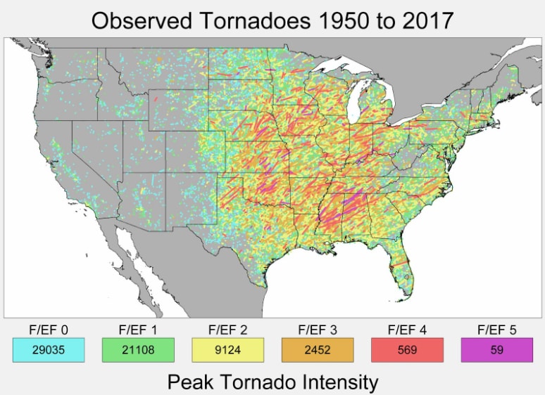 observed tornadoes 1950 to 2017 Peak tornado intensity from observed tornadoes in the continental United States between 1950 to 2017.