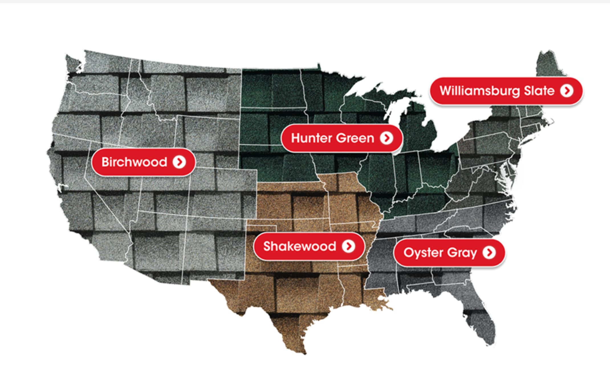 8a766977-c406-4252-8e2b-a405cee8137c A flat lay US map sectioned off into five regions and color-coded to that region's top-trending shingle color for a 2025 shingle trend piece.