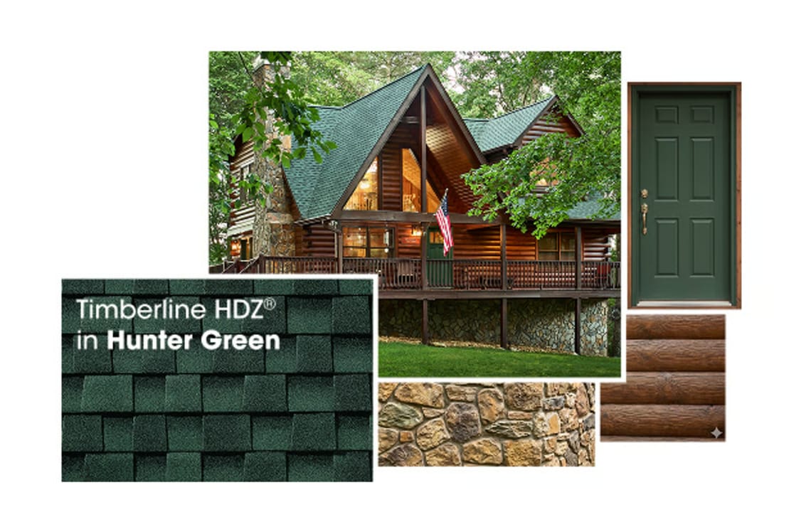d7c060de-fb6a-4713-8b3e-da611b2dd62e photo montage of three main features showcasing hunter green colors. One shows the hunter green GAF shingle dimension and tonality. Another shows an a-frame cabin in the woods. and another shows a deep green door.