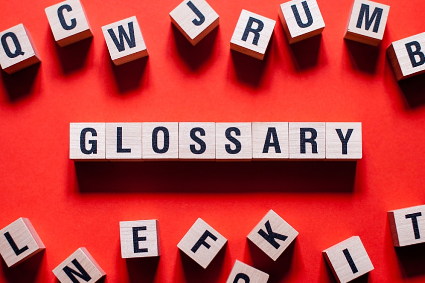 Scrabble board with tiles spelling 'Glossary'