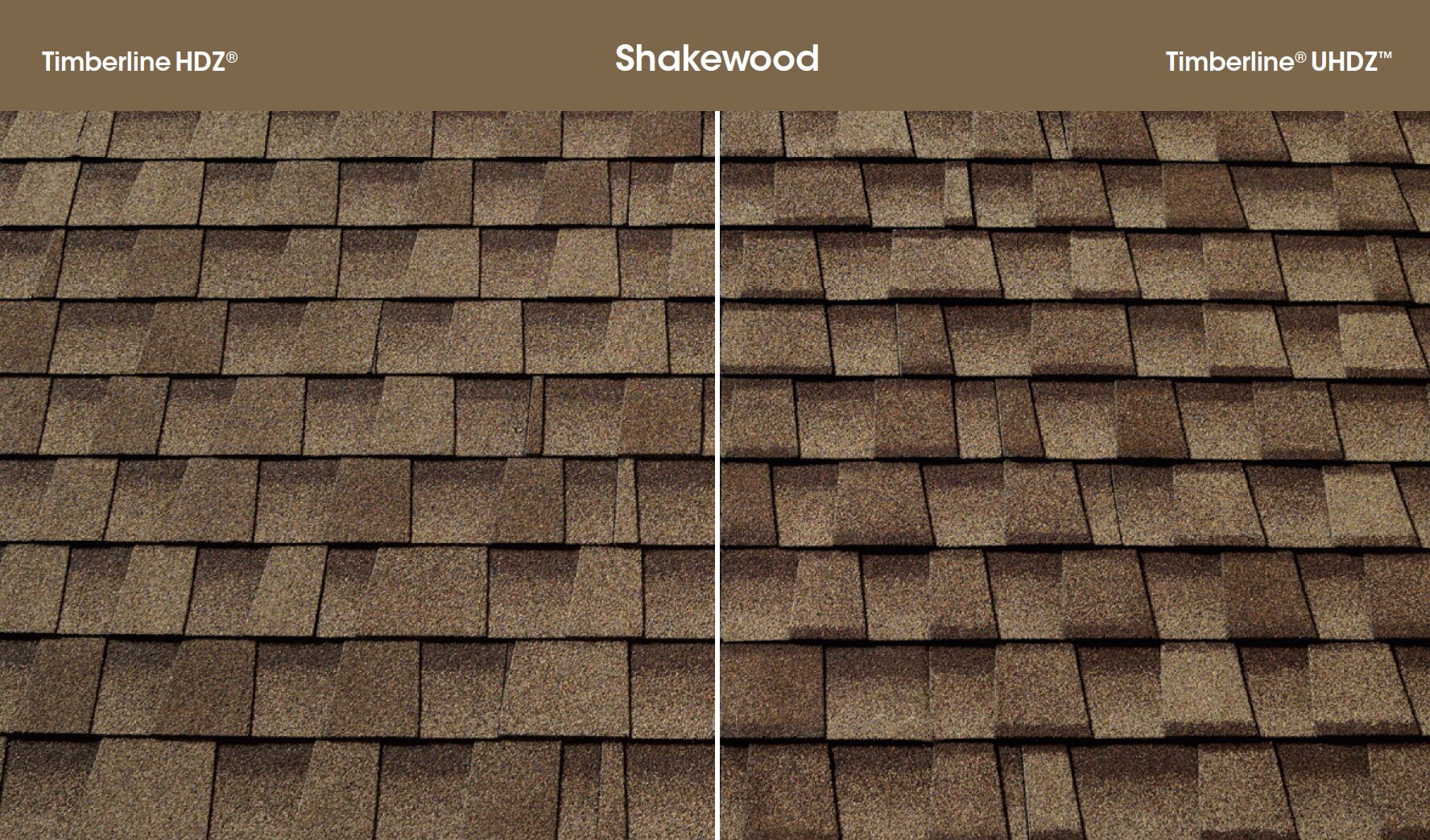 Timberline HDZ® Shingles and Timberline® UHDZ™ Shingles side-by-side comparison, showing the increased dimensionality produced by UHDZ™'s Dual Shadow Line