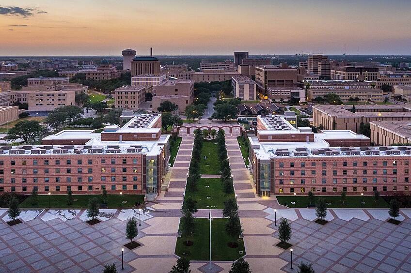 An aerial shot of the student housing building on the Texas A&M campus.