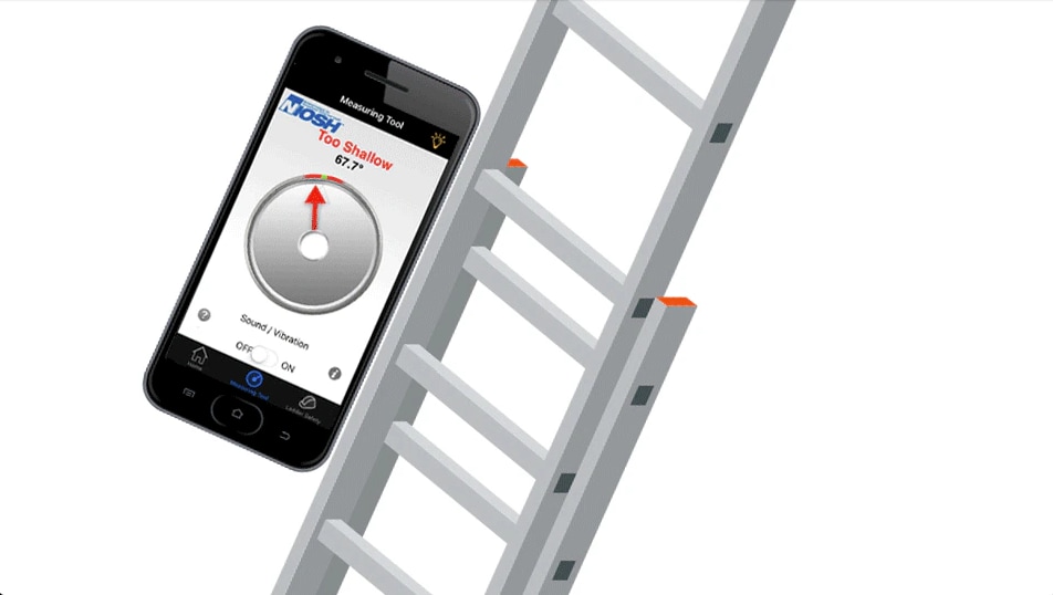 A safety ladder for the roof with a cellphone showing the roof safety app.