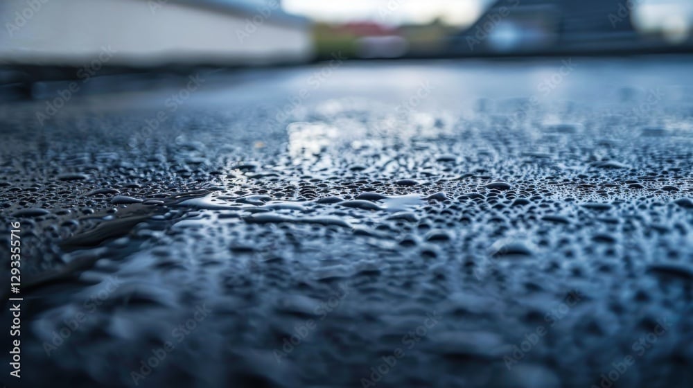 Beads of water on a commercial roof.