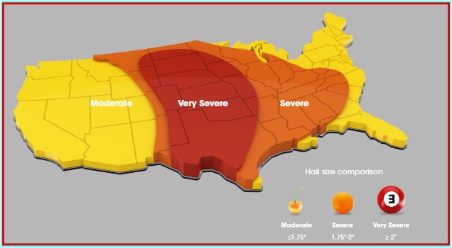 FM's LPDS 1-34 map outlining the different hail categories: moderate, severe, and very severe. The Very Severe area is most commonly referred to as 