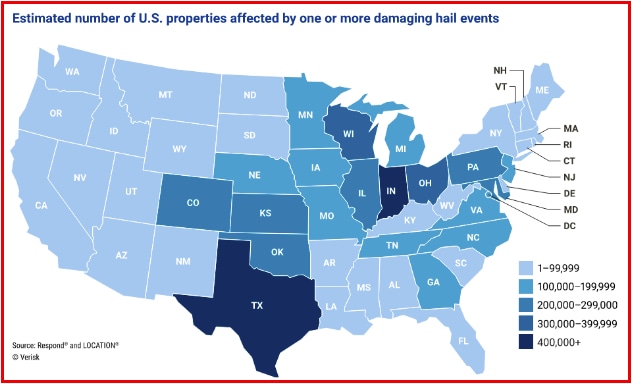The estimated number of properties affected by one or more damaging hail events. Source: NOAA, graphed by Verisk