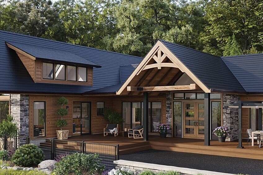 GAF TimberSteel™ Metal Roof shingles in obsidian black color on a log cabin home.