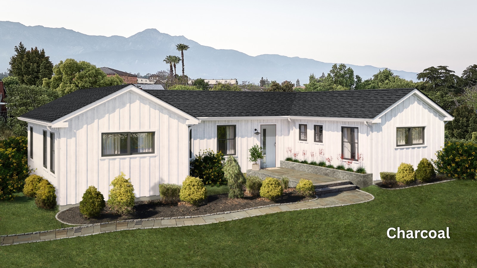 c42c0932-b050-4623-ac0f-857e9b4fcd03 GAF Timberline HDZ Reflector Series Shingles in the color Charcoal on the roof of a white home.
