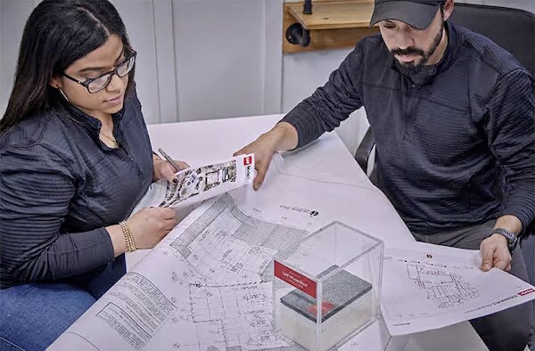 cd6a8658-a71e-4648-b71b-fe1238d08b53 A GAF certified commercial contractor reviewing plans and roof assembly with a colleague.