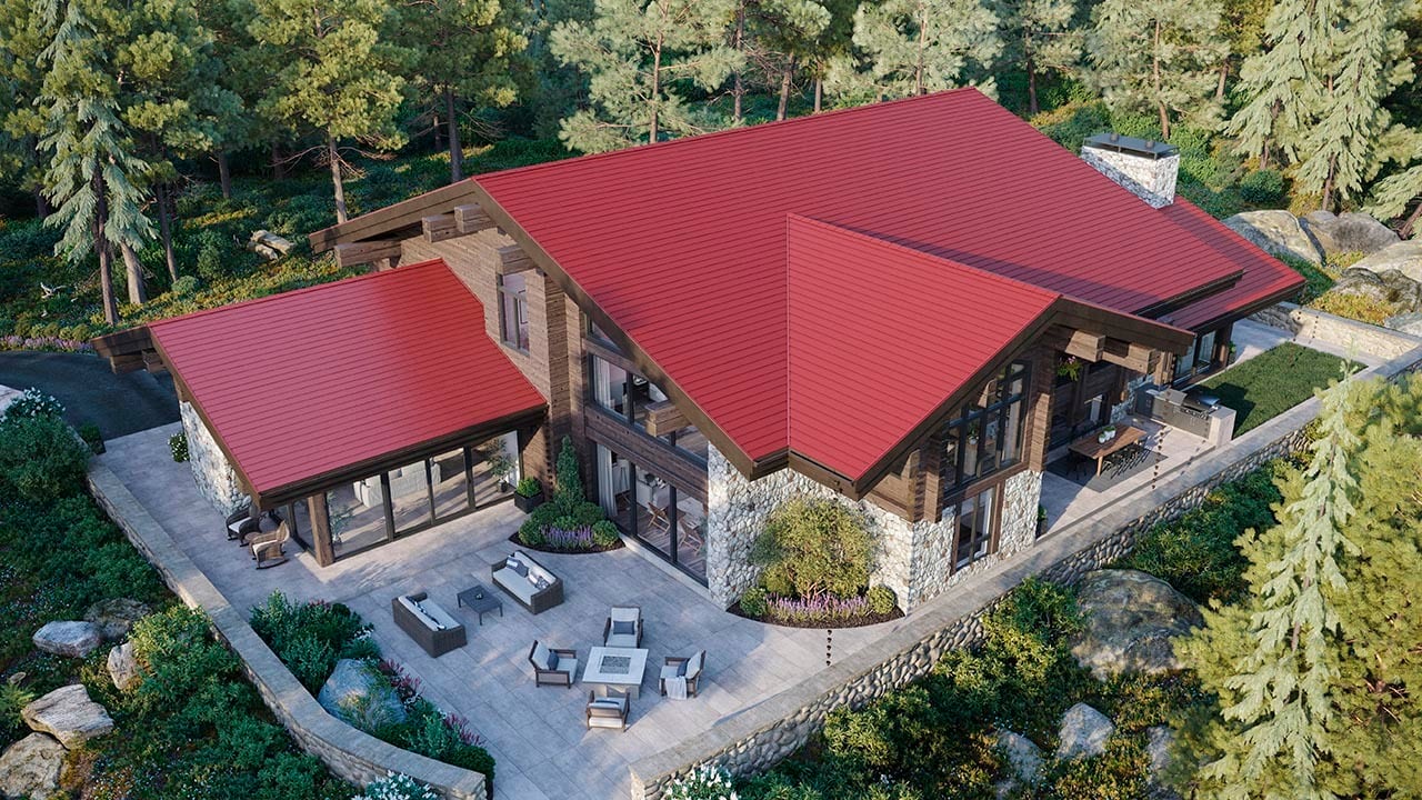 A newly installed GAF TimberSteel™ Premium Metal Roofing System in Rustic Red