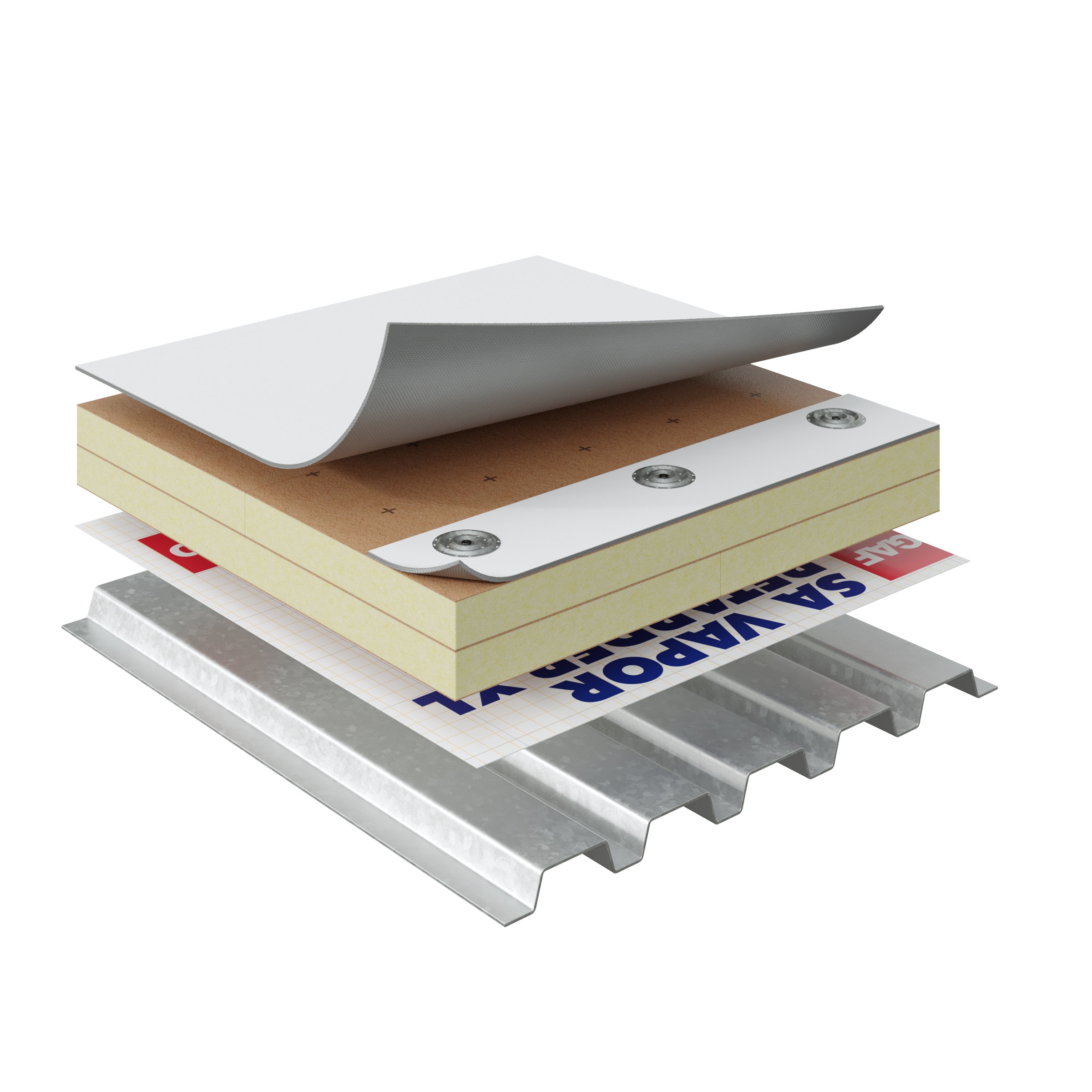 A sandwich rendering of a mechanically attached single-ply roofing system.