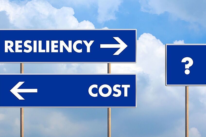 Blue signs pointing opposite directions with the words resiliency and cost.