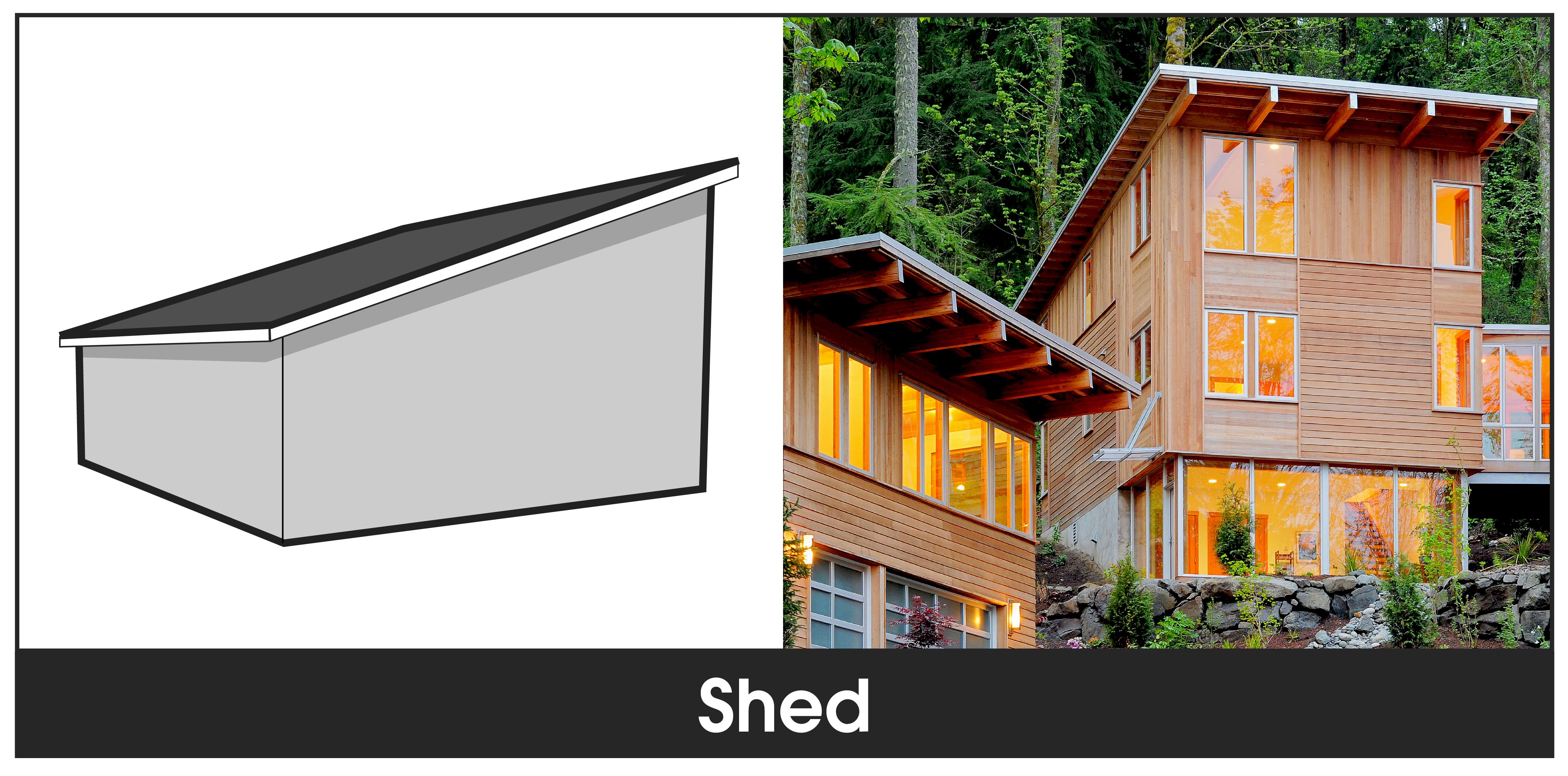 706ee7e2-907d-489b-b407-cd808791cee9 A side by side diagram of a shed roof type with an example home showcasing a shed roof.
