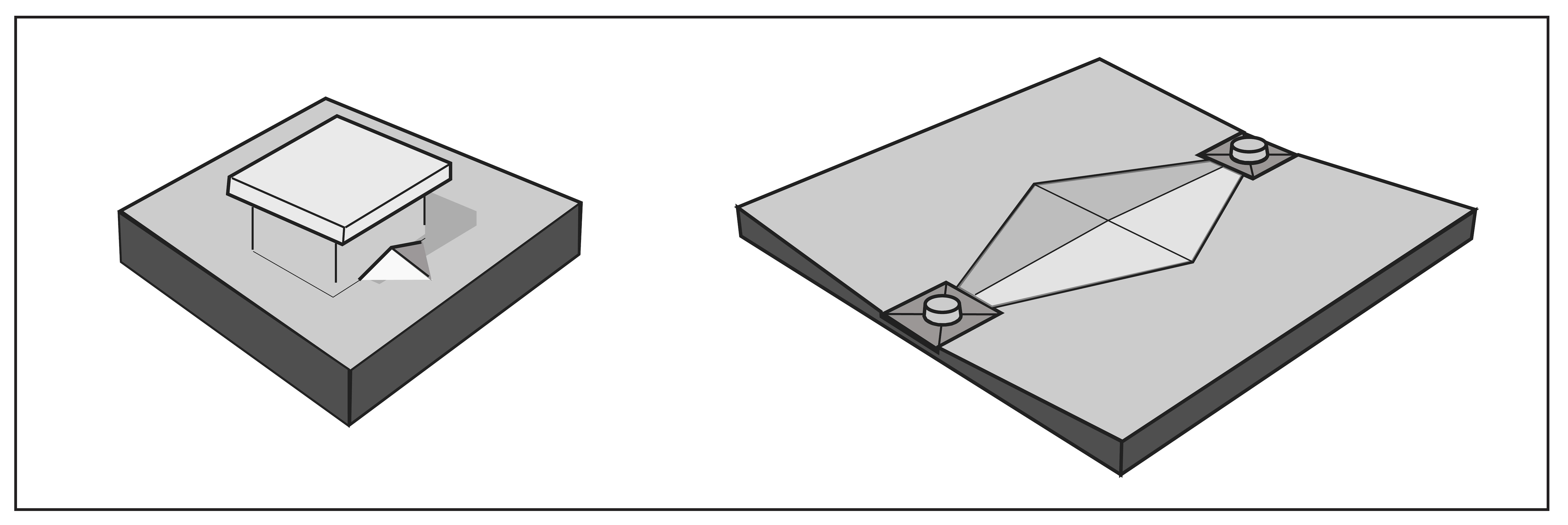Two roof cricket diagrams, a residential roof cricket, aka chimney cricket, and a flat roof cricket.
